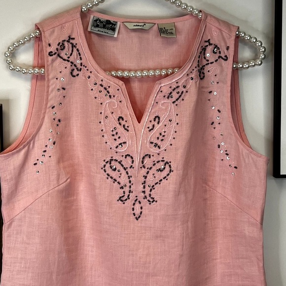 Edward 100% Irish Linen Pink Sleeveless Vneck Top with Beaded Design SZ S - Picture 2 of 6